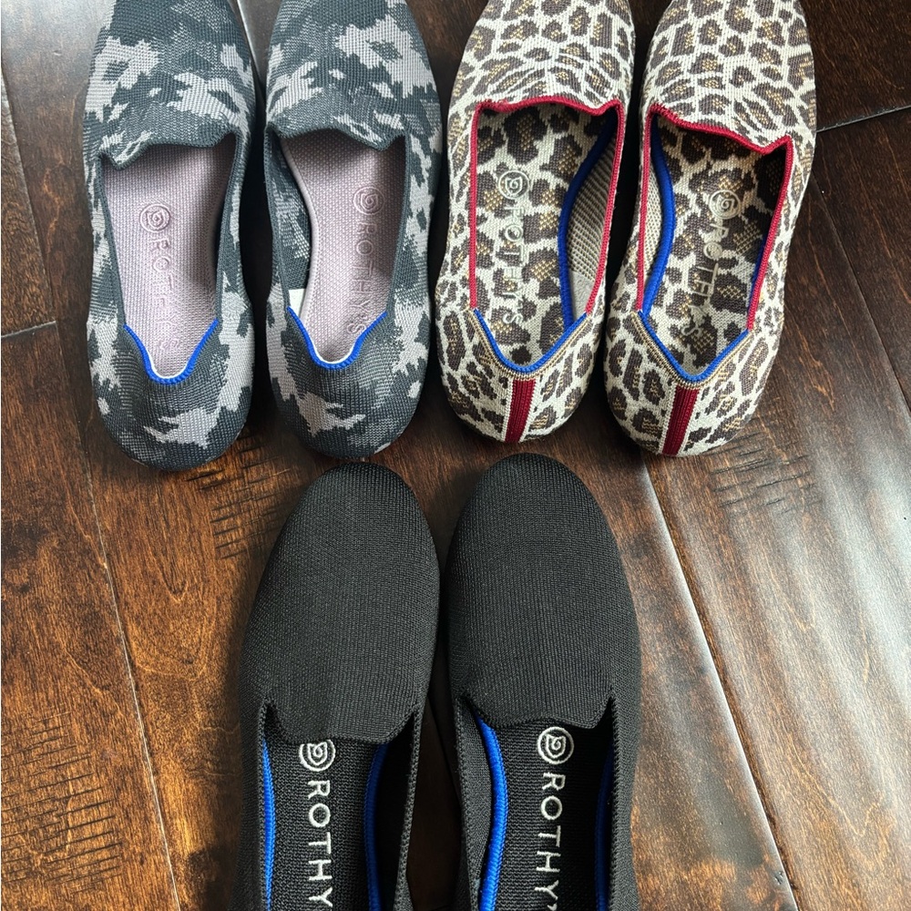 3 Pairs Rothy's The Loafer - bundle of 3 in Black, Camo, and Leopard, size 7.5